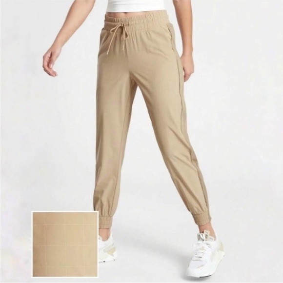 Athleta Taupe Brooklyn Textured Jogger Windowpane Plaid • Size 16 - Picture 1 of 7